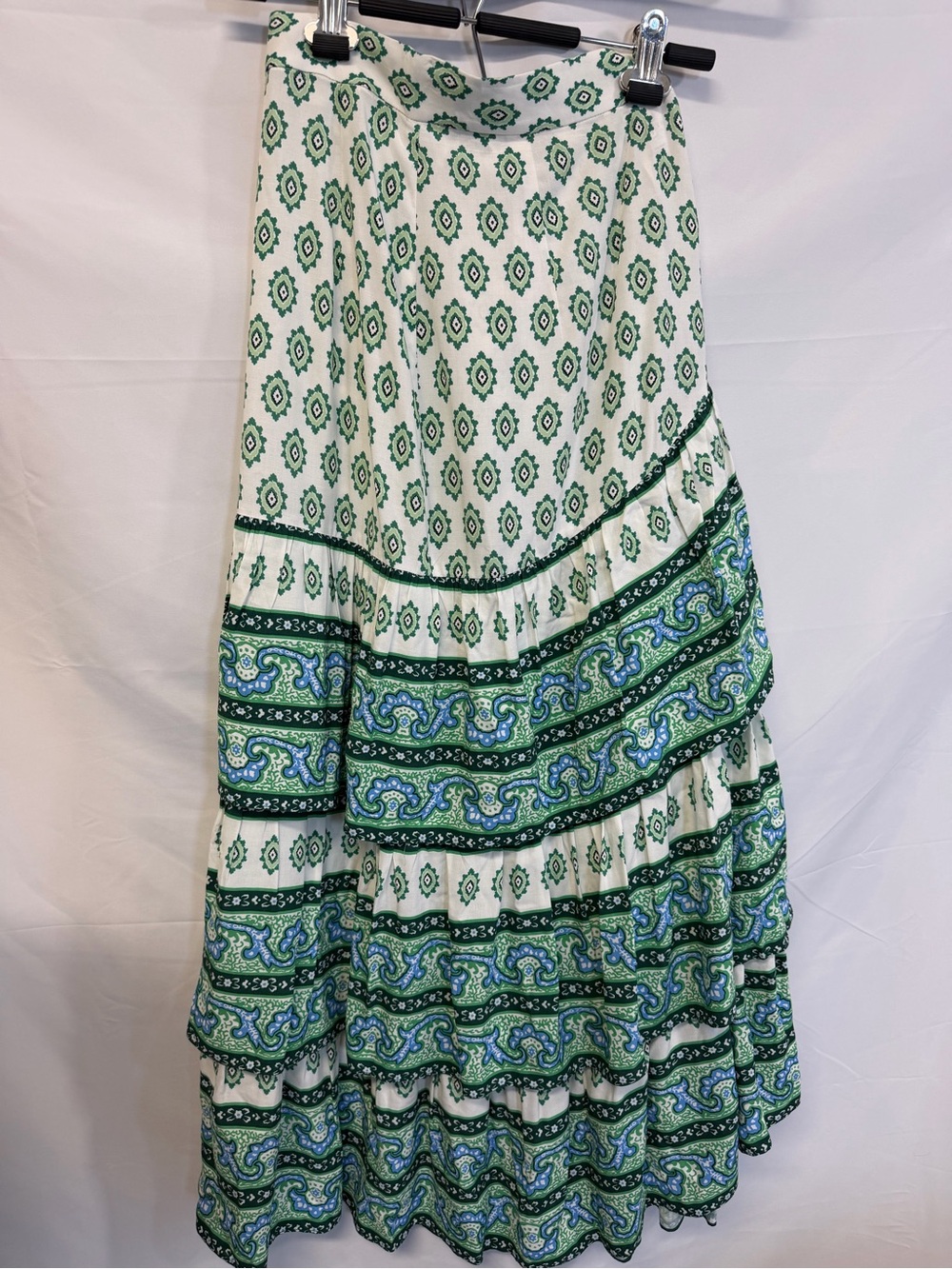Sandro Paris Asymmetrical Tiered Resort Skirt XS Green Paisley Midi Maxi